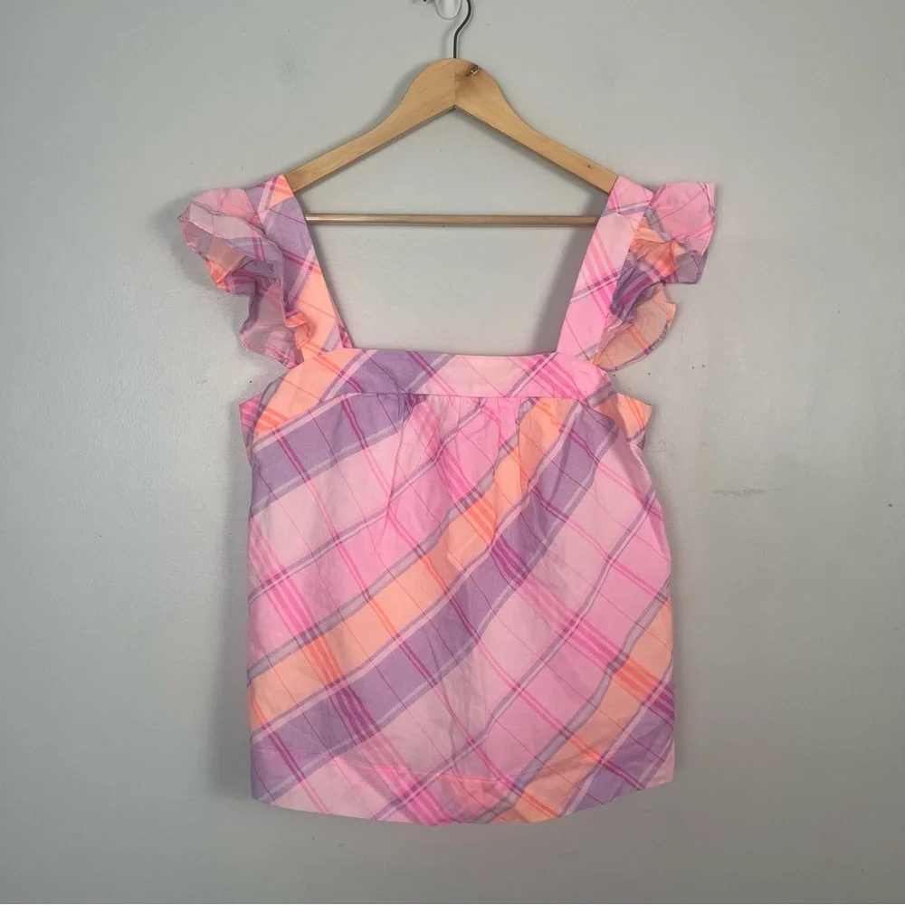 Lilly Pulitzer Reyna Top Pink Isle Madras Plaid Ruffle Tank Size small READ - Picture 2 of 7